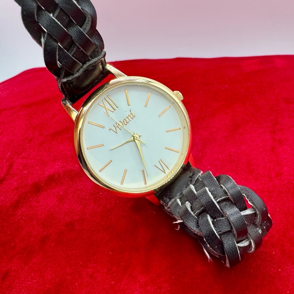 Vivant Gold-Tone‎ Minimalist Watch Accutime Japan Quartz Braided Leather Strap